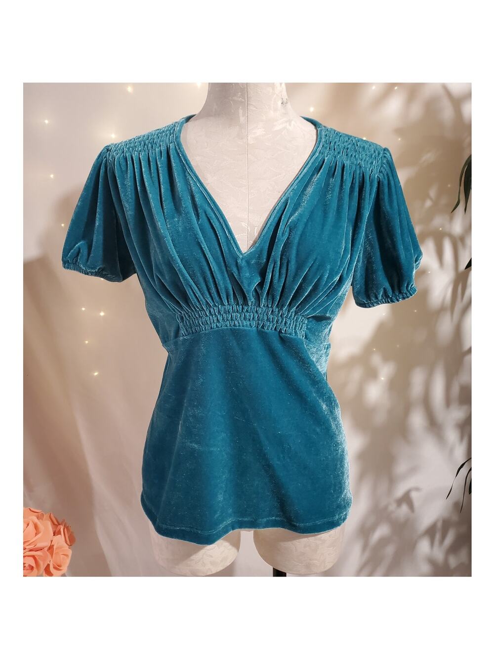 Vtg Massini Womens Velvet Smocked V-Neck Babydoll Top Sz M Blue Fairy Grunge Y2K